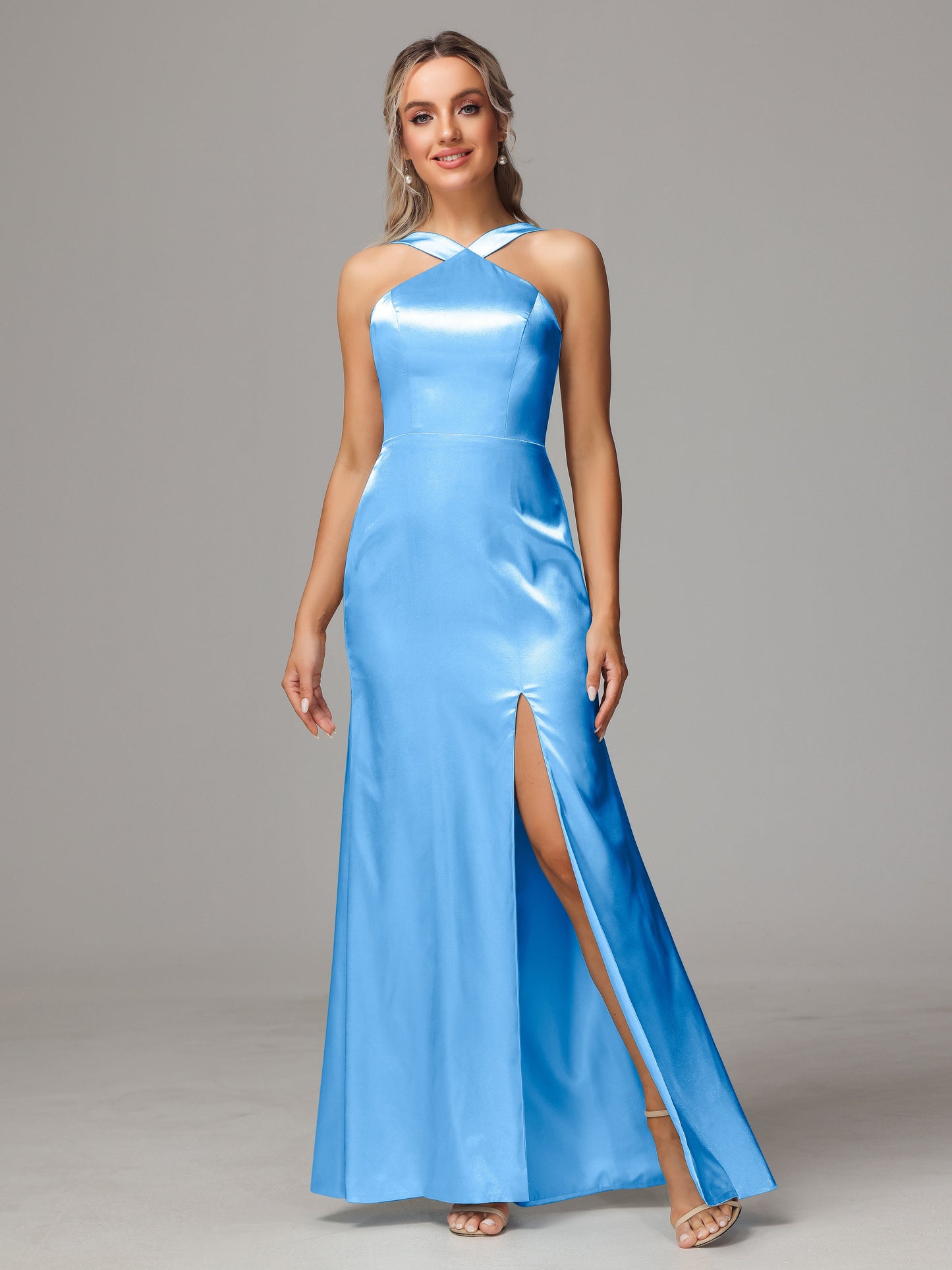 Halter Sleeveless Soft Satin Bridesmaid Dress
