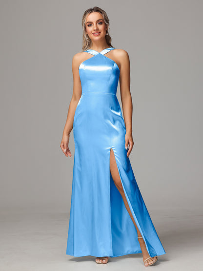 Halter Sleeveless Soft Satin Bridesmaid Dress