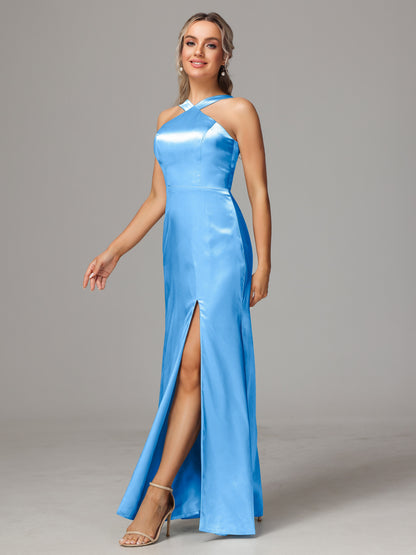 Halter Sleeveless Soft Satin Bridesmaid Dress