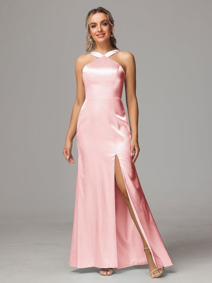 Halter Sleeveless Soft Satin Bridesmaid Dress