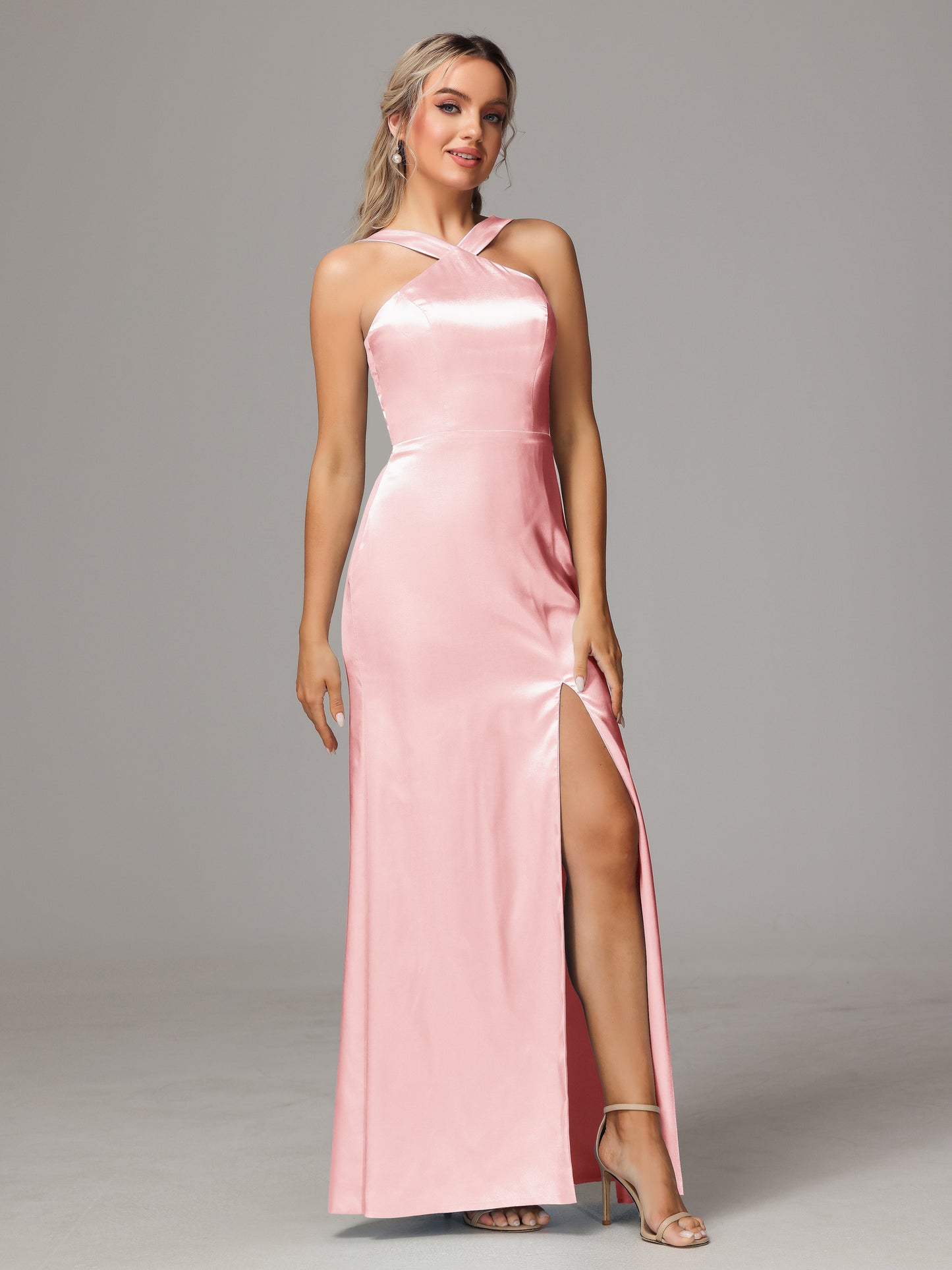 Halter Sleeveless Soft Satin Bridesmaid Dress