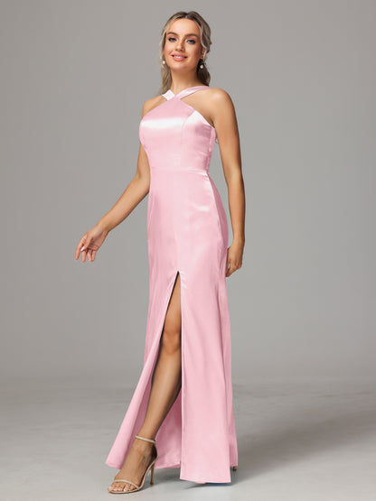 Halter Sleeveless Soft Satin Bridesmaid Dress