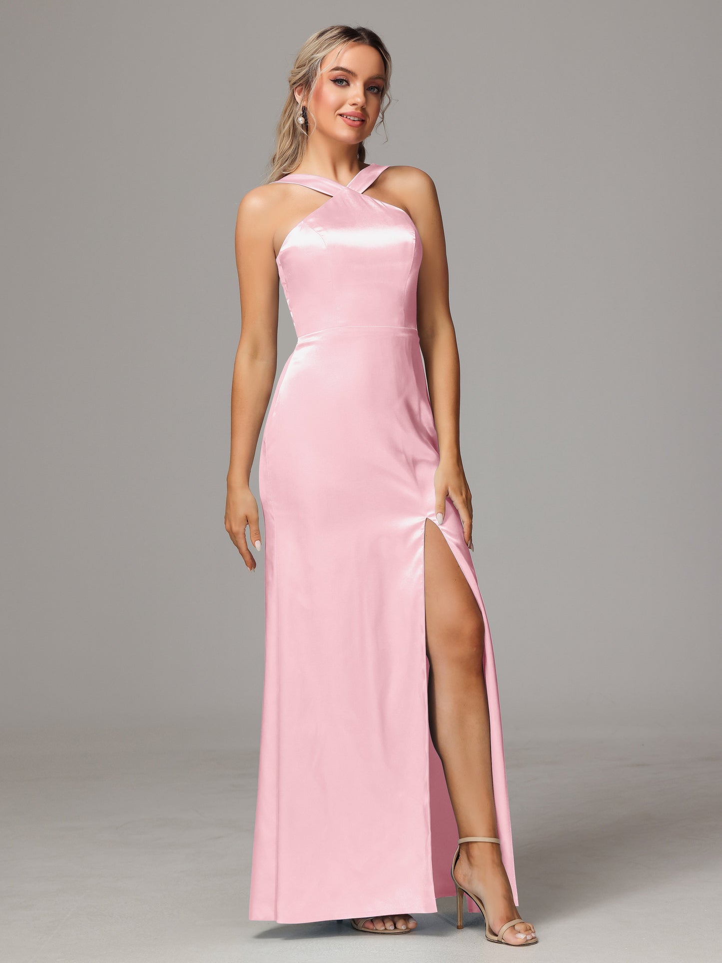 Halter Sleeveless Soft Satin Bridesmaid Dress