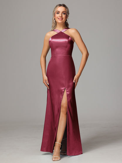 Halter Sleeveless Soft Satin Bridesmaid Dress