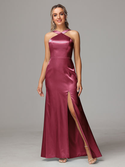 Halter Sleeveless Soft Satin Bridesmaid Dress