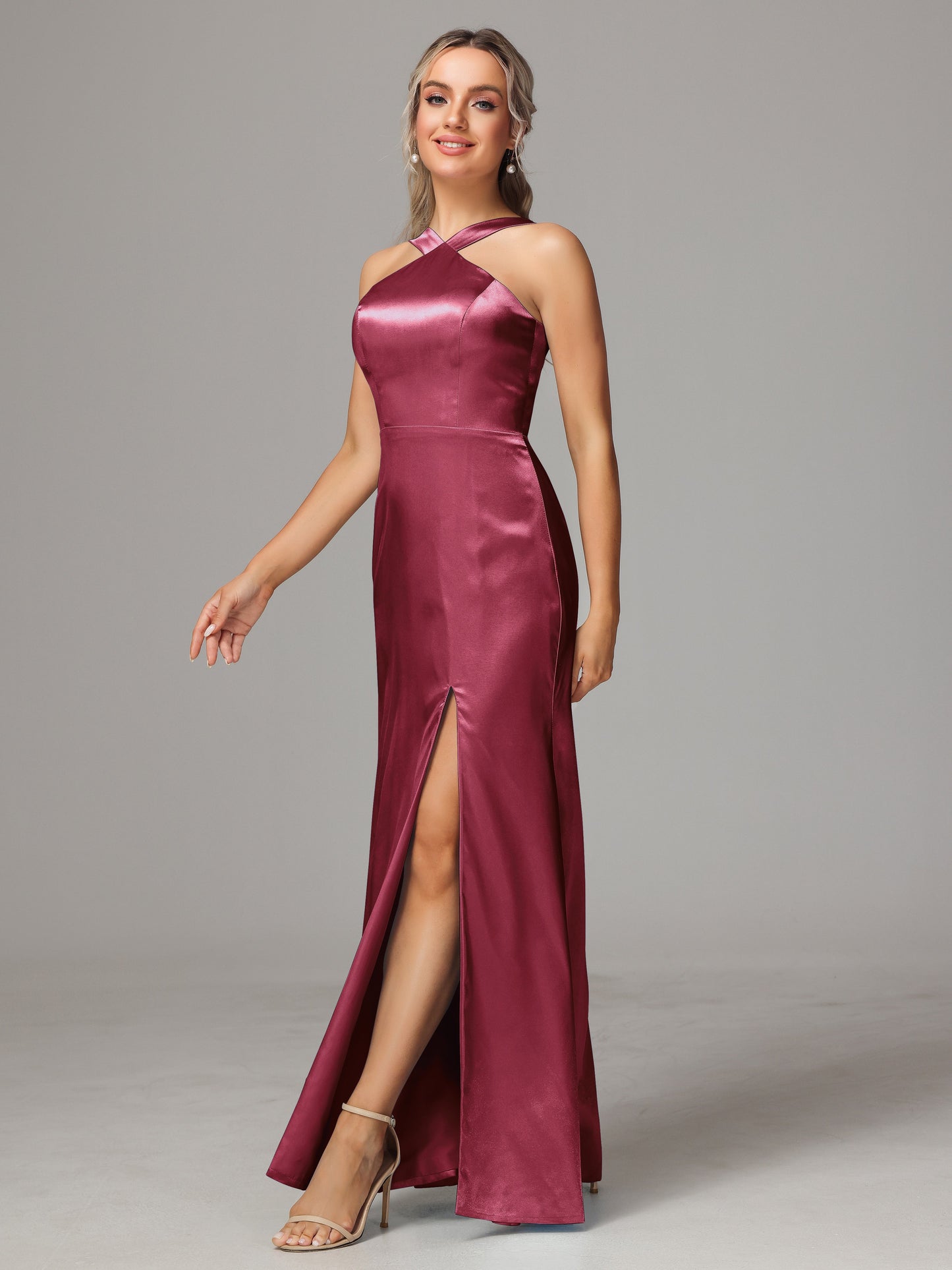 Halter Sleeveless Soft Satin Bridesmaid Dress