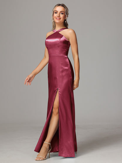 Halter Sleeveless Soft Satin Bridesmaid Dress