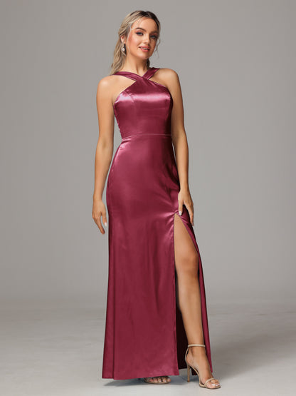 Halter Sleeveless Soft Satin Bridesmaid Dress