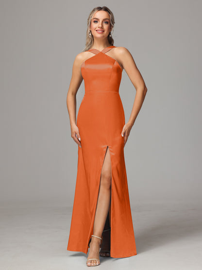 Halter Sleeveless Soft Satin Bridesmaid Dress