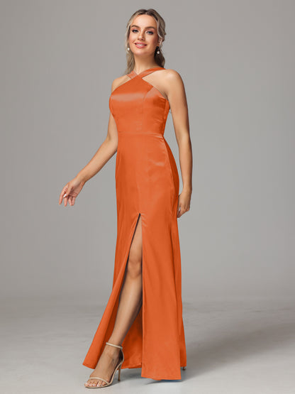 Halter Sleeveless Soft Satin Bridesmaid Dress