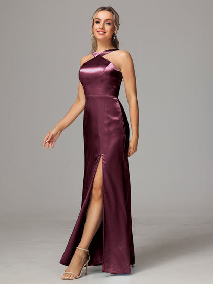 Halter Sleeveless Soft Satin Bridesmaid Dress