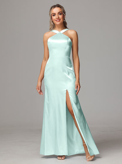 Halter Sleeveless Soft Satin Bridesmaid Dress