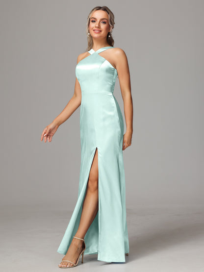 Halter Sleeveless Soft Satin Bridesmaid Dress
