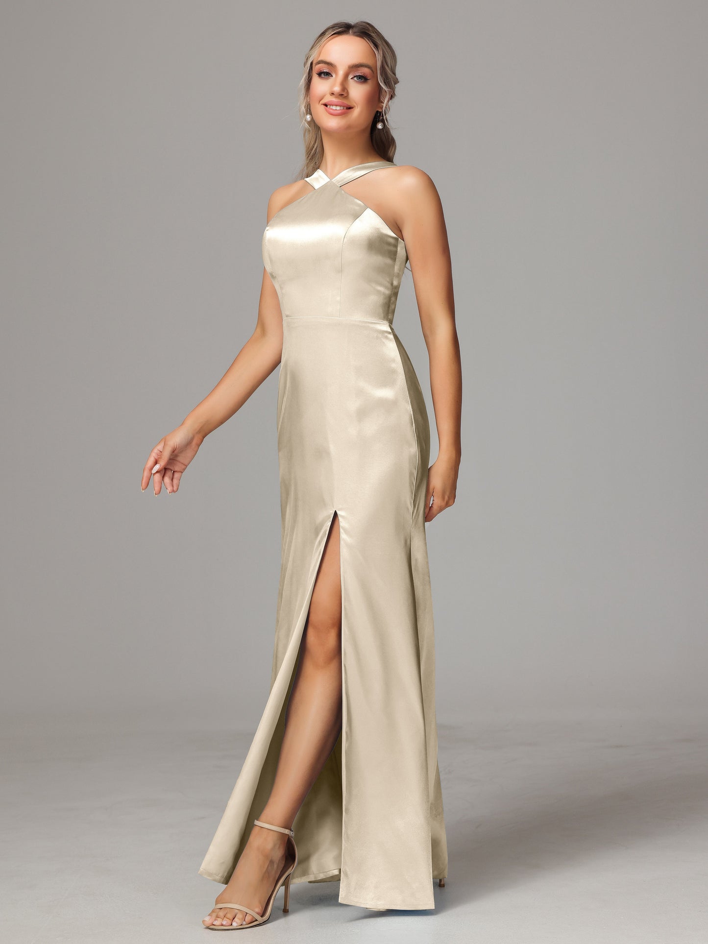 Halter Sleeveless Soft Satin Bridesmaid Dress
