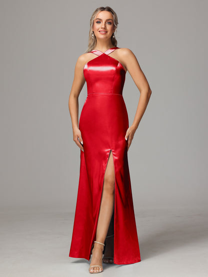 Halter Sleeveless Soft Satin Bridesmaid Dress