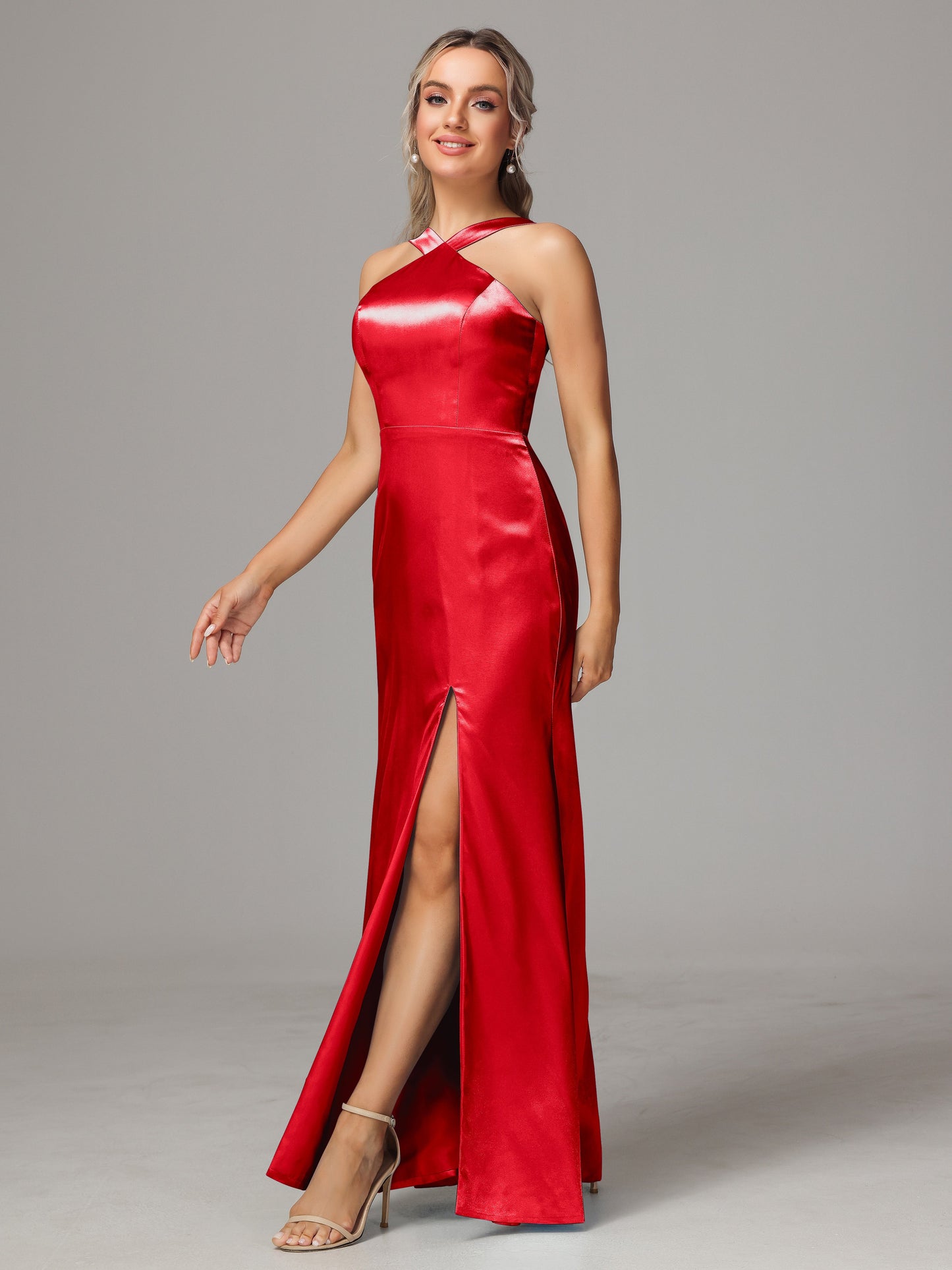 Halter Sleeveless Soft Satin Bridesmaid Dress