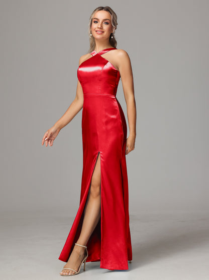 Halter Sleeveless Soft Satin Bridesmaid Dress