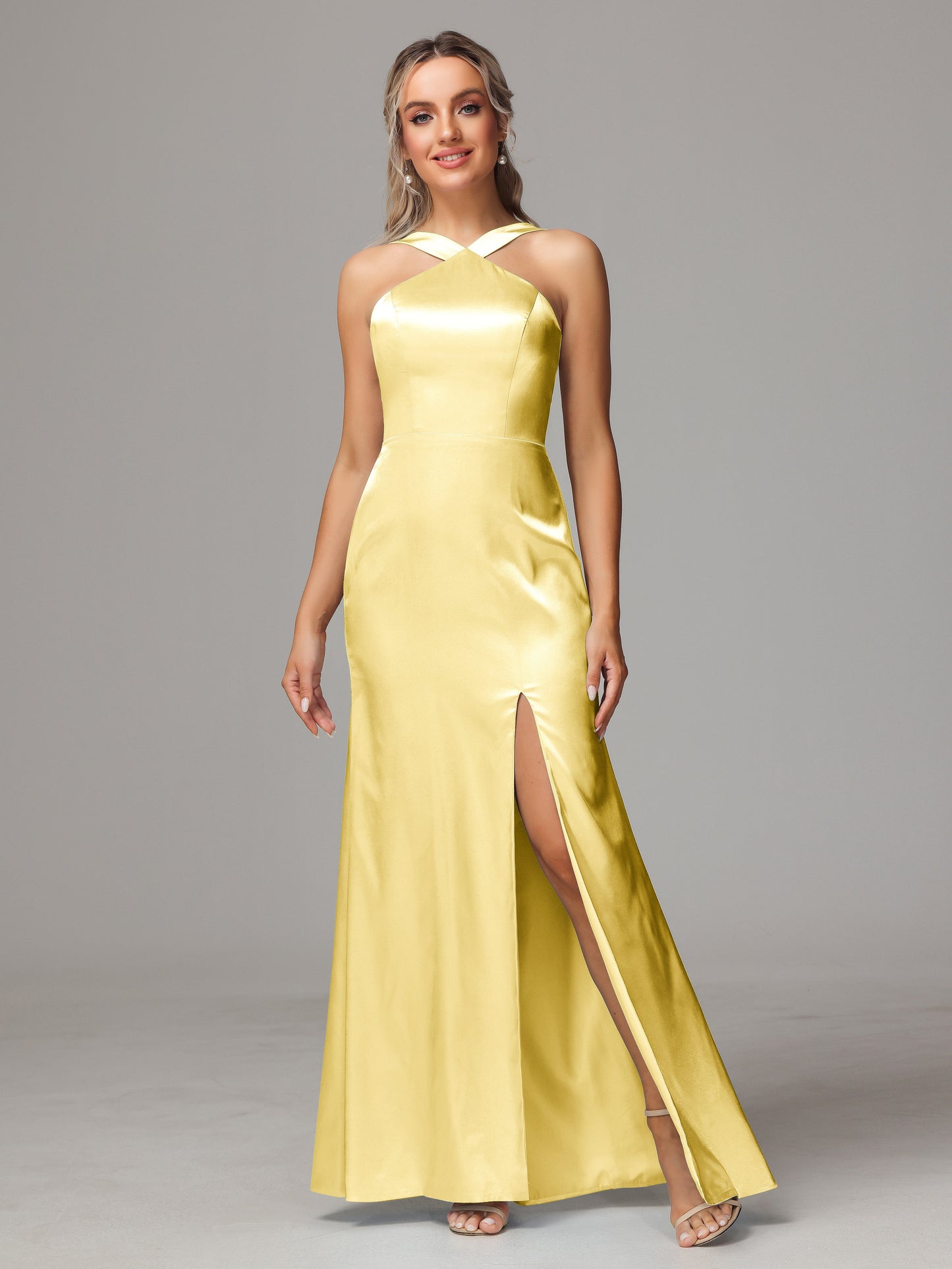 Halter Sleeveless Soft Satin Bridesmaid Dress
