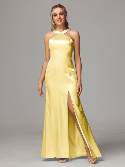 Halter Sleeveless Soft Satin Bridesmaid Dress