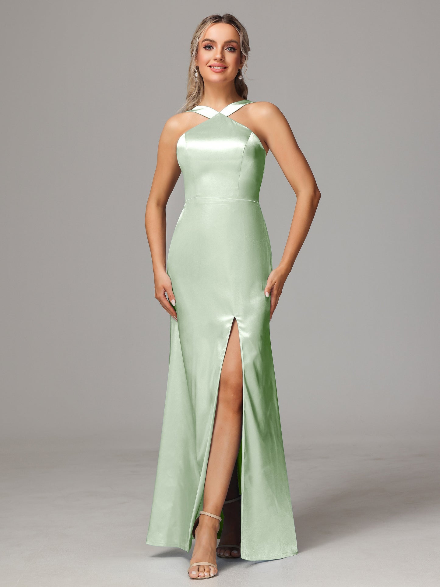 Halter Sleeveless Soft Satin Bridesmaid Dress