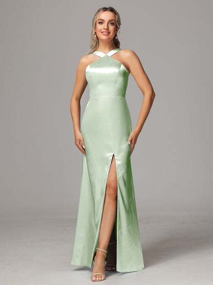 Halter Sleeveless Soft Satin Bridesmaid Dress