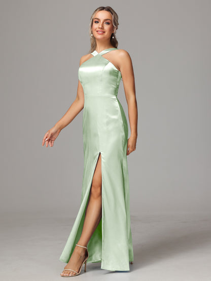 Halter Sleeveless Soft Satin Bridesmaid Dress