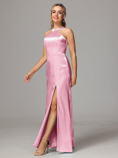 Halter Sleeveless Soft Satin Bridesmaid Dress