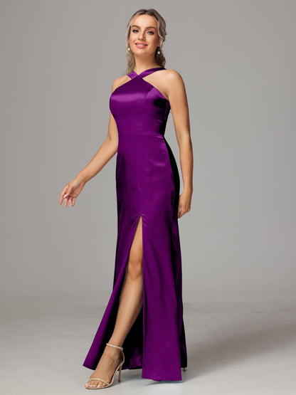 Halter Sleeveless Soft Satin Bridesmaid Dress
