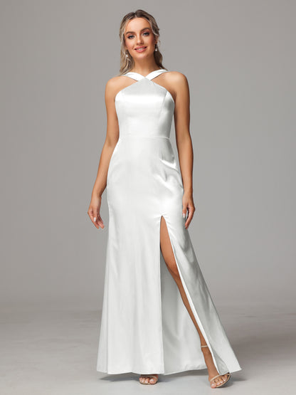 Halter Sleeveless Soft Satin Bridesmaid Dress