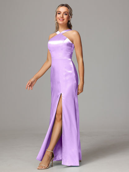 Halter Sleeveless Soft Satin Bridesmaid Dress