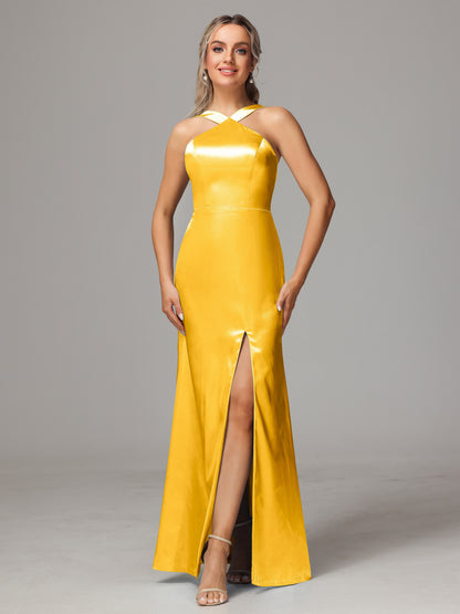 Halter Sleeveless Soft Satin Bridesmaid Dress