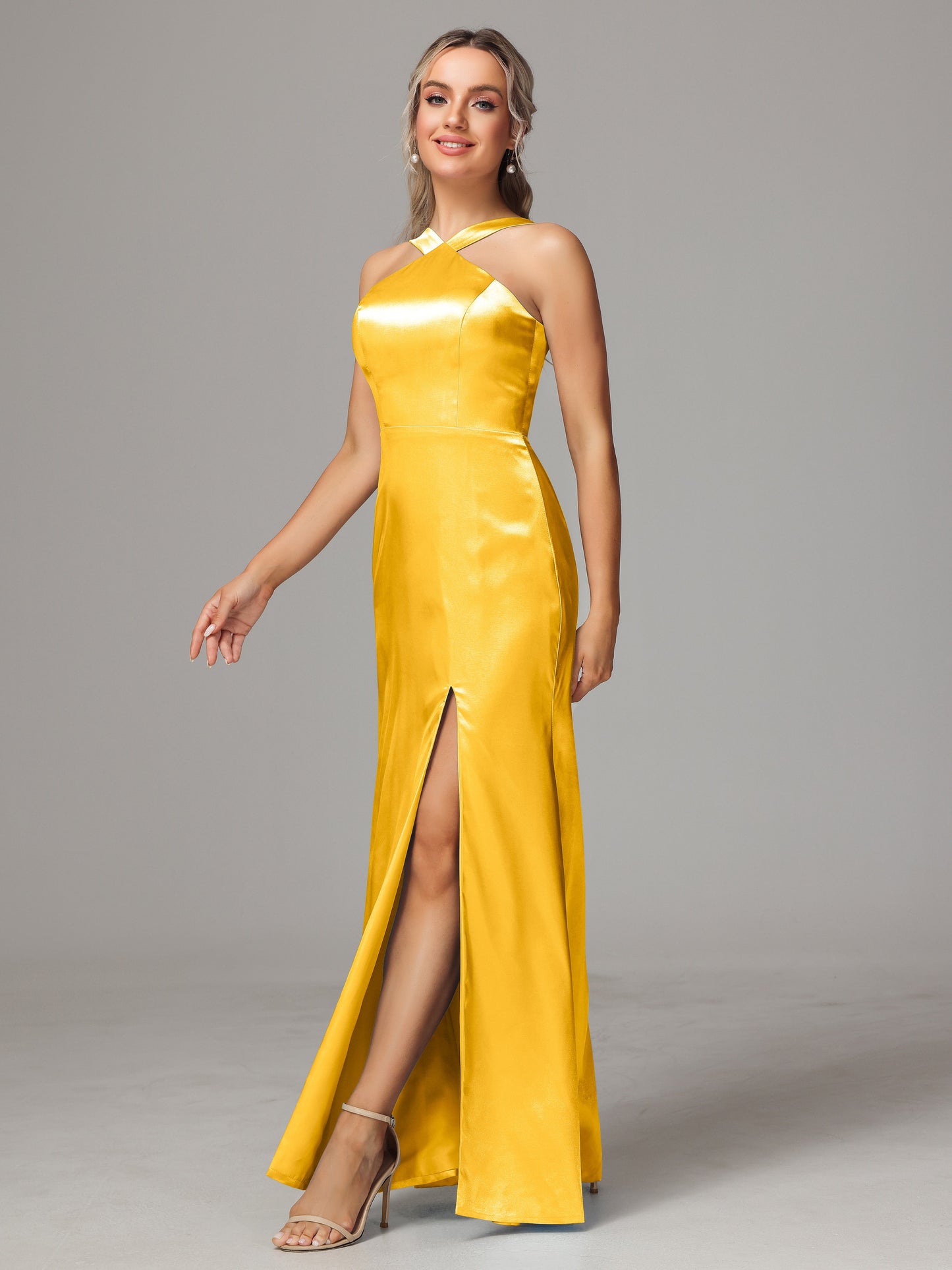 Halter Sleeveless Soft Satin Bridesmaid Dress