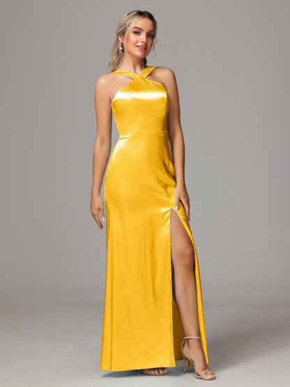Halter Sleeveless Soft Satin Bridesmaid Dress
