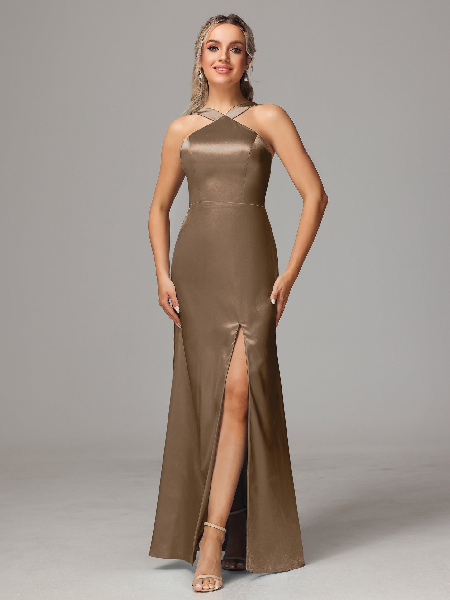 Halter Sleeveless Soft Satin Bridesmaid Dress
