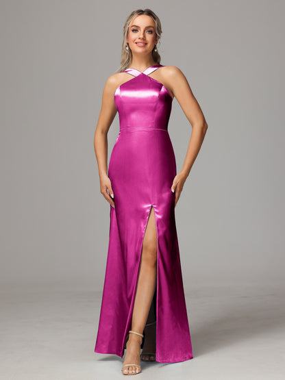 Halter Sleeveless Soft Satin Bridesmaid Dress