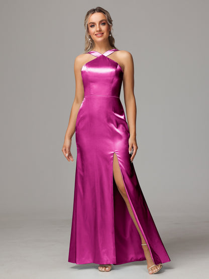Halter Sleeveless Soft Satin Bridesmaid Dress