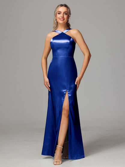 Halter Sleeveless Soft Satin Bridesmaid Dress
