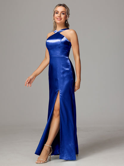 Halter Sleeveless Soft Satin Bridesmaid Dress