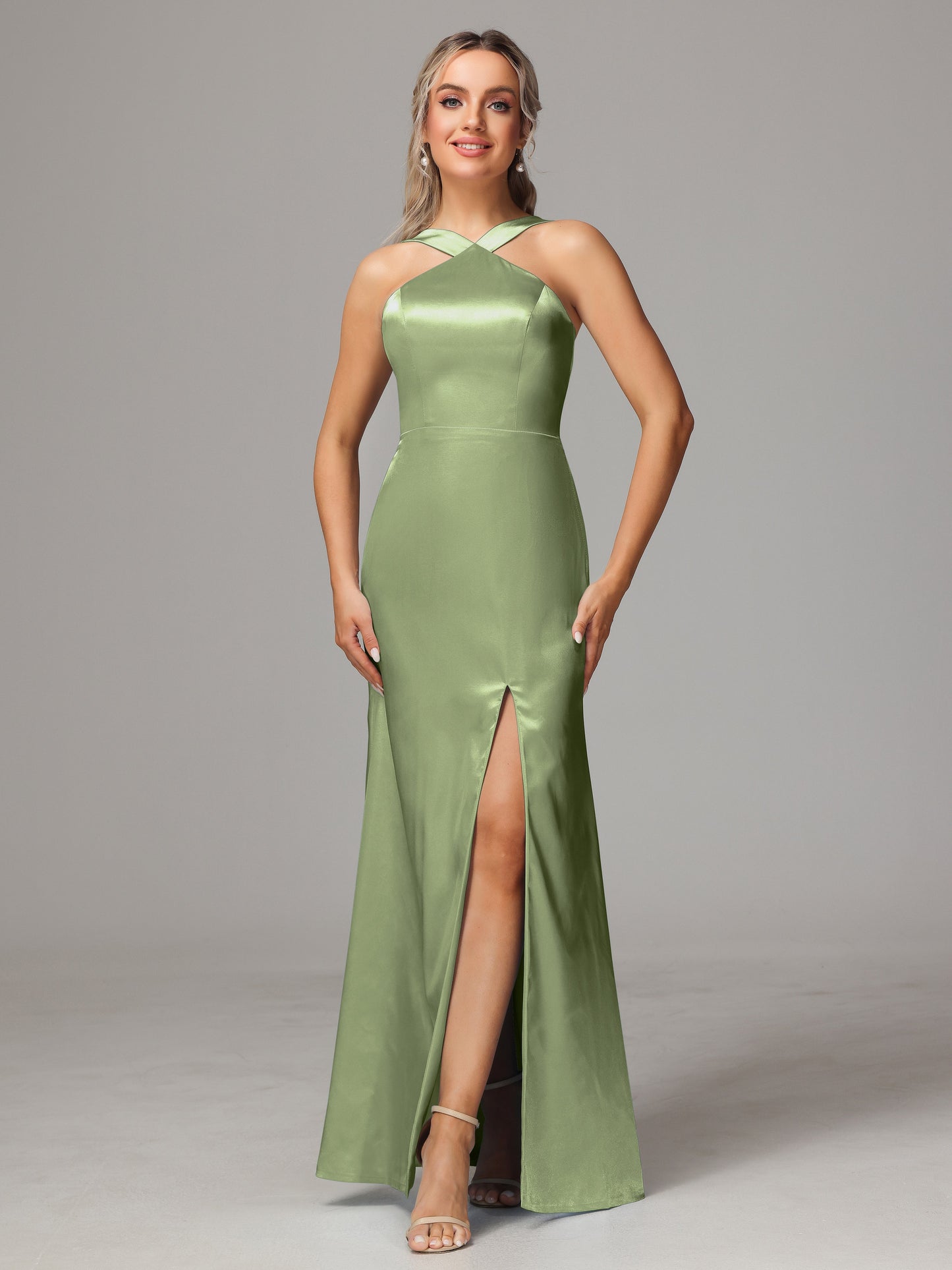 Halter Sleeveless Soft Satin Bridesmaid Dress