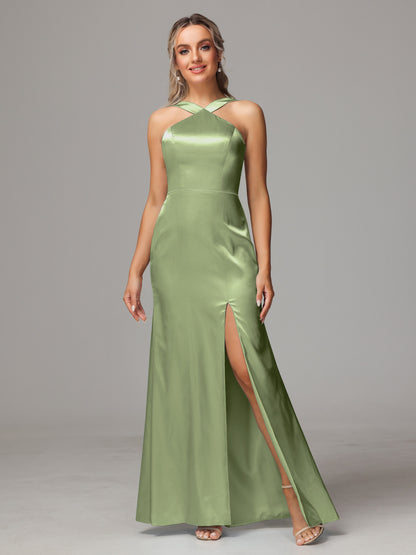 Halter Sleeveless Soft Satin Bridesmaid Dress