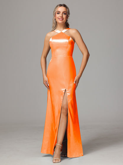Halter Sleeveless Soft Satin Bridesmaid Dress