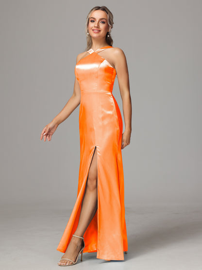 Halter Sleeveless Soft Satin Bridesmaid Dress