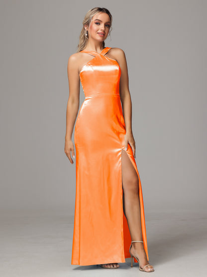 Halter Sleeveless Soft Satin Bridesmaid Dress