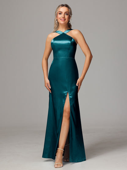 Halter Sleeveless Soft Satin Bridesmaid Dress