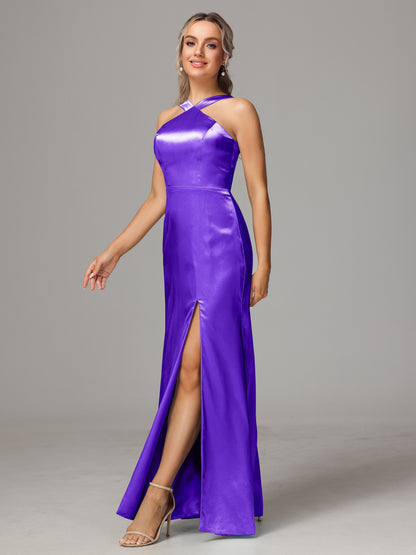 Halter Sleeveless Soft Satin Bridesmaid Dress