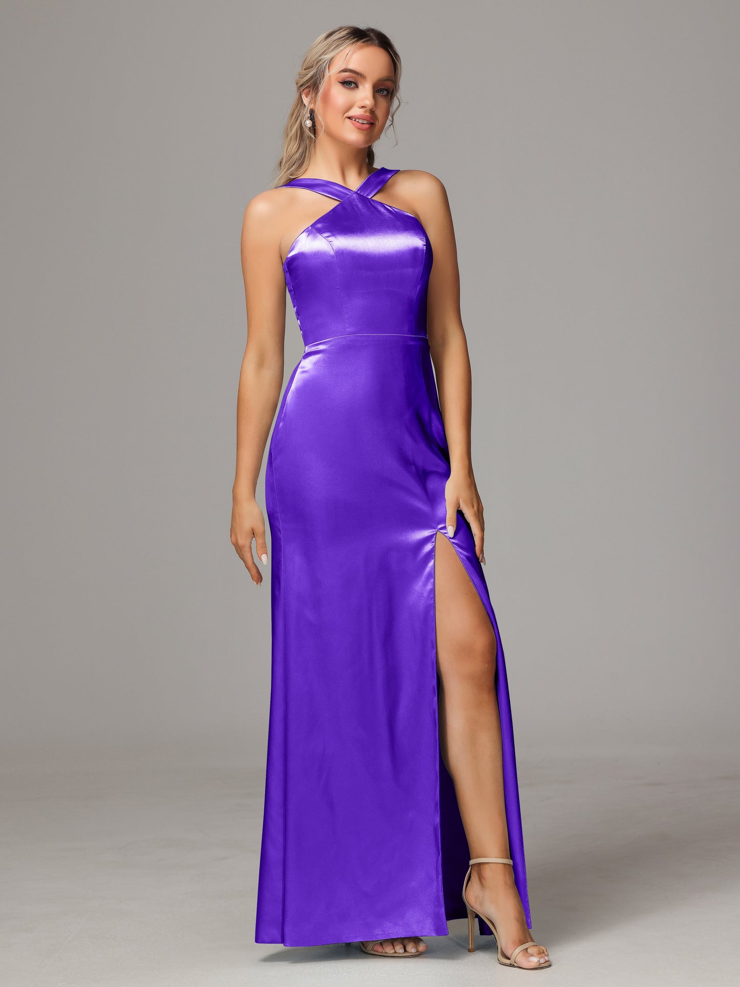 Halter Sleeveless Soft Satin Bridesmaid Dress