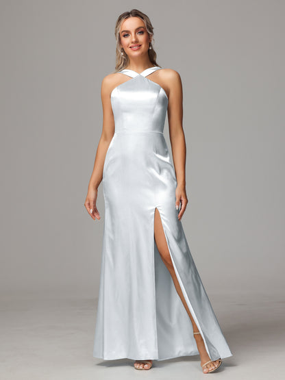 Halter Sleeveless Soft Satin Bridesmaid Dress