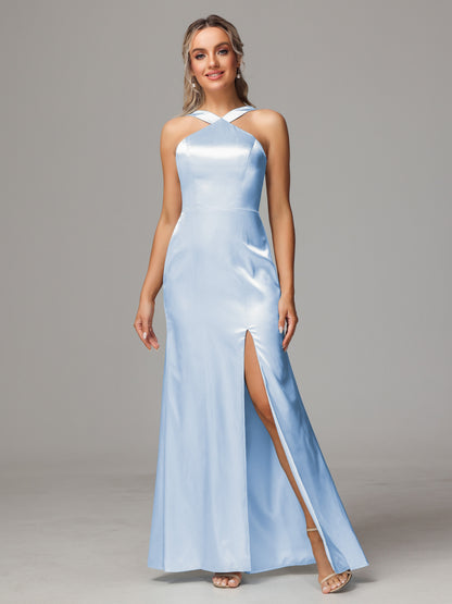 Halter Sleeveless Soft Satin Bridesmaid Dress