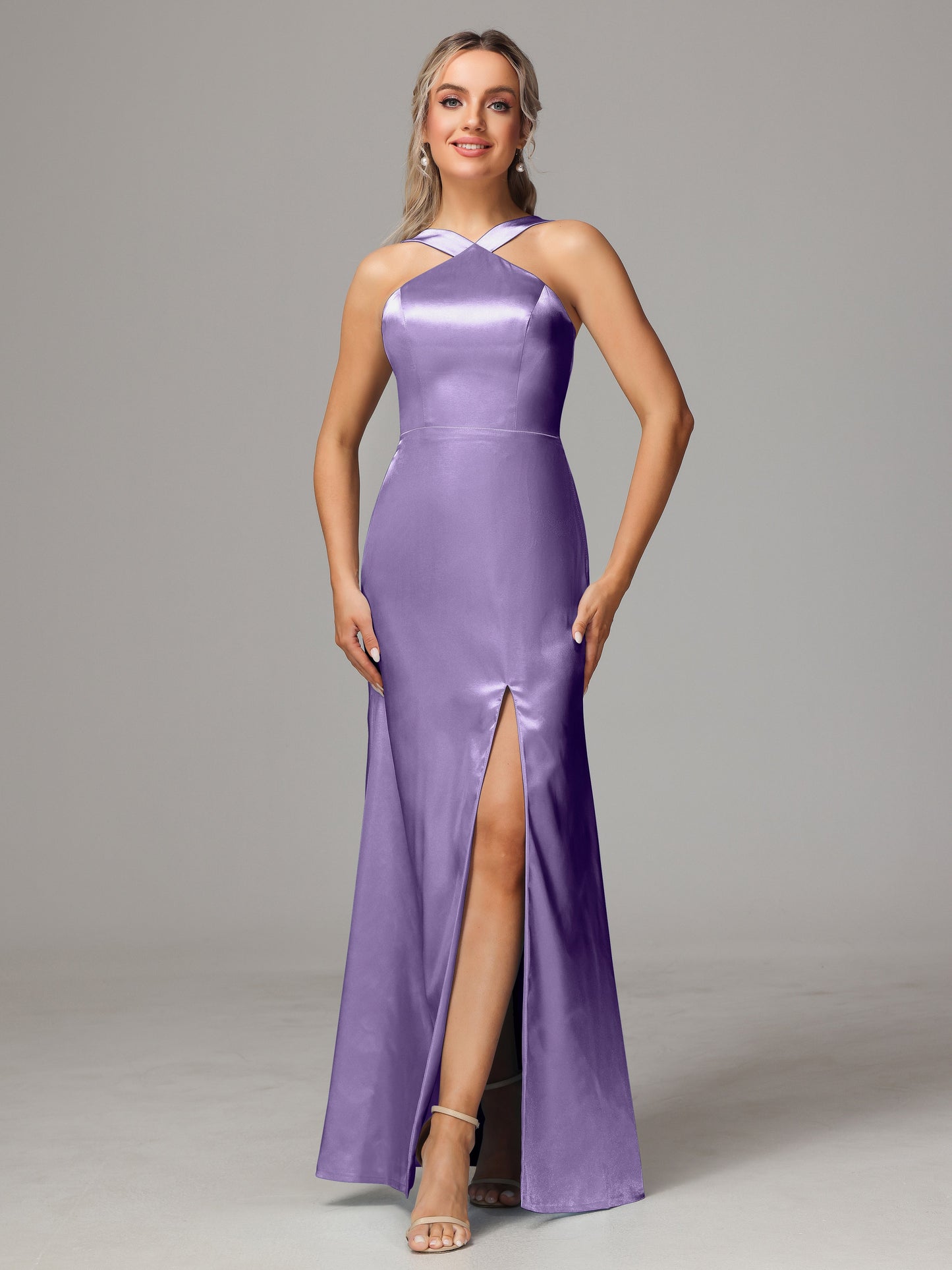 Halter Sleeveless Soft Satin Bridesmaid Dress