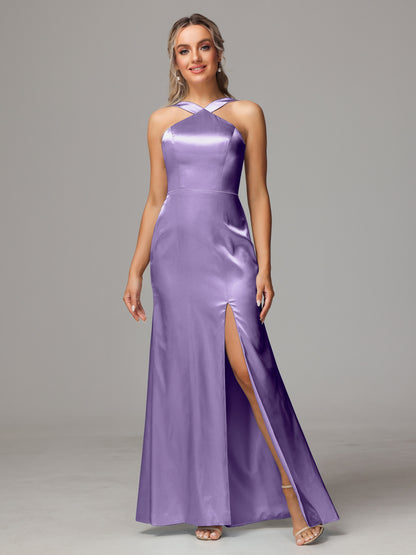 Halter Sleeveless Soft Satin Bridesmaid Dress